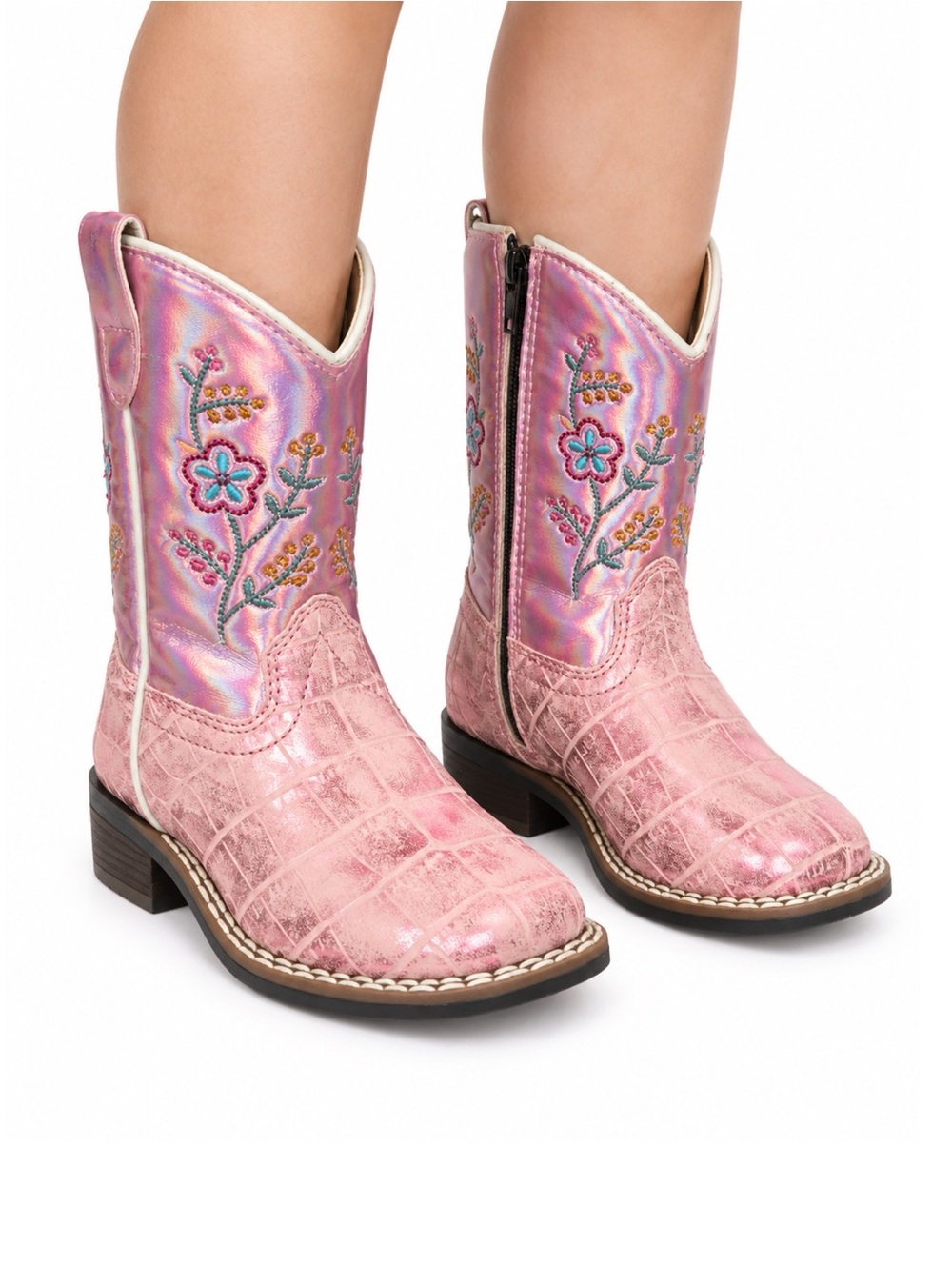 Size 5 Old West Toddler Girls Pink Iridescent Floral Embroidered Cowboy Boots